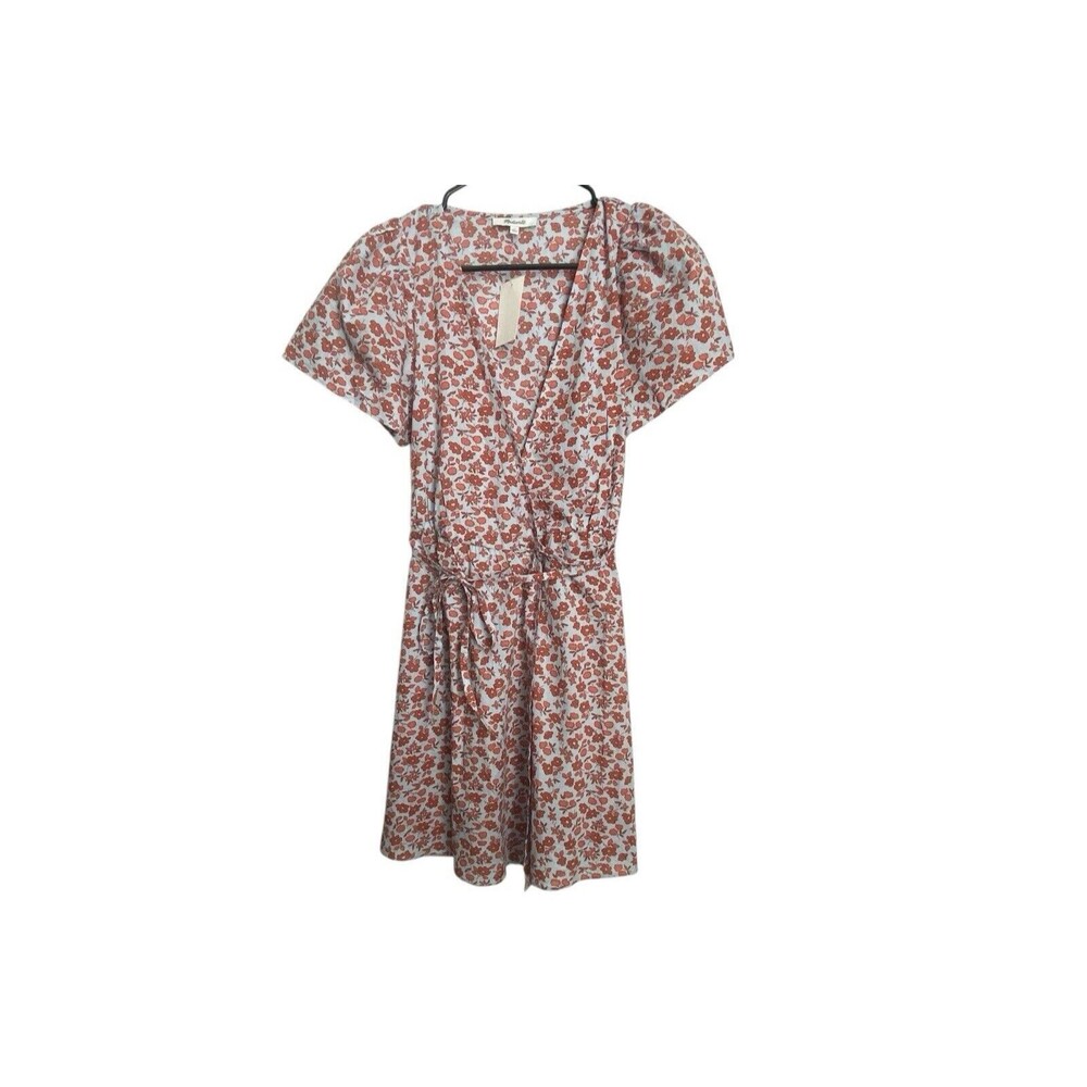 NWT Madewell Wrap Dress Fiore Floral Short Sleeve Cotton Blue Orange N5155 Sz XS
